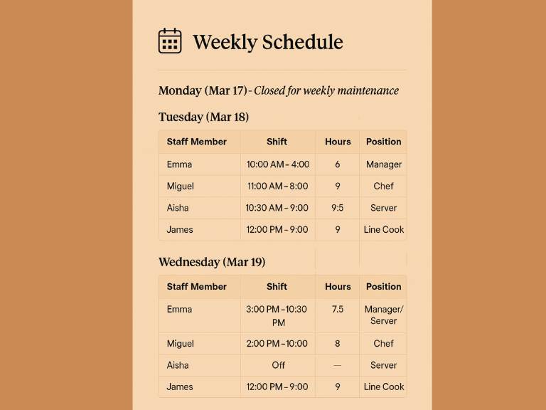 Weekly schedule example - restaurants