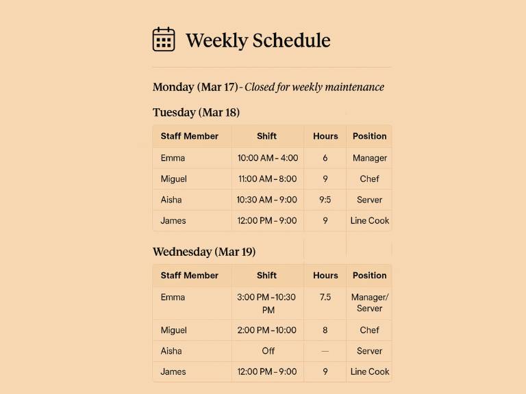 Weekly schedule restaurant example